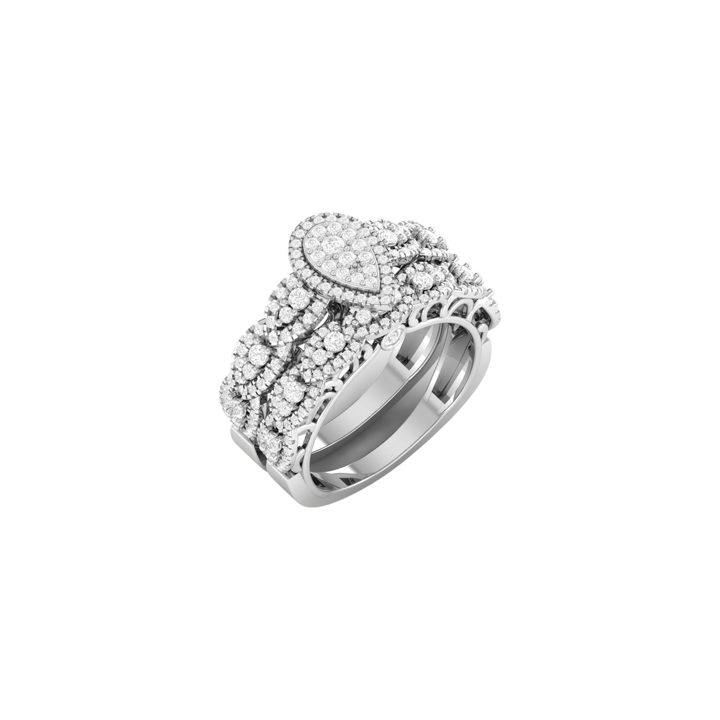 Silver ring with diamond accents on a white background