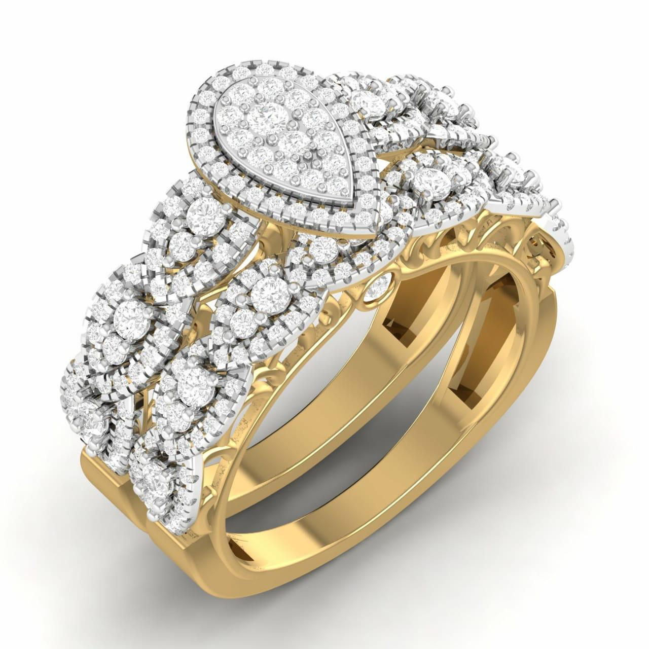 A gold ring featuring a pear cut diamond cluster, surrounded by smaller clear diamonds set in a band.