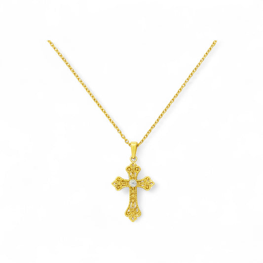 Gold cross pendant necklace on a white background