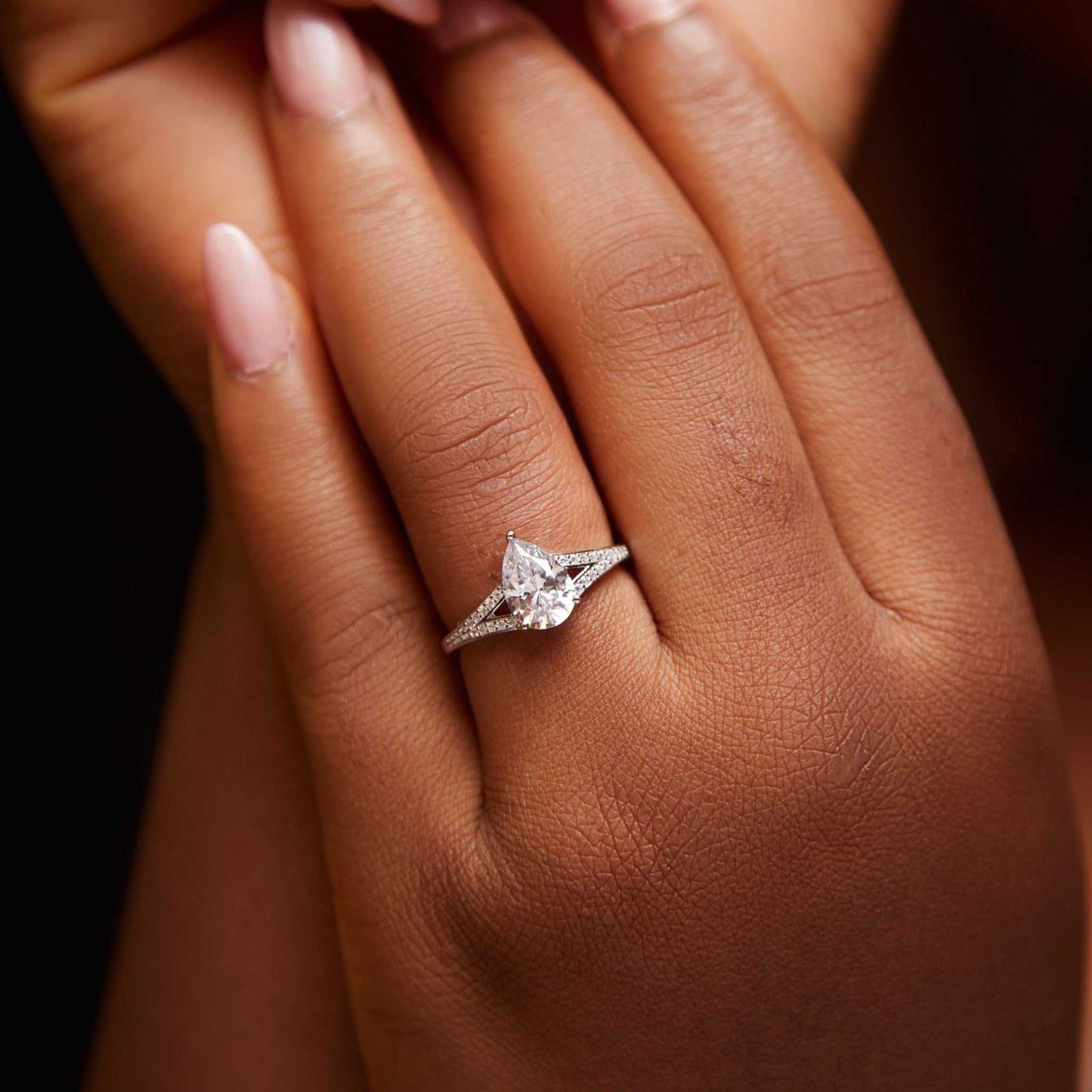 Split Shank Pear Cut CZ Engagement Ring in 925 Sterling Silver