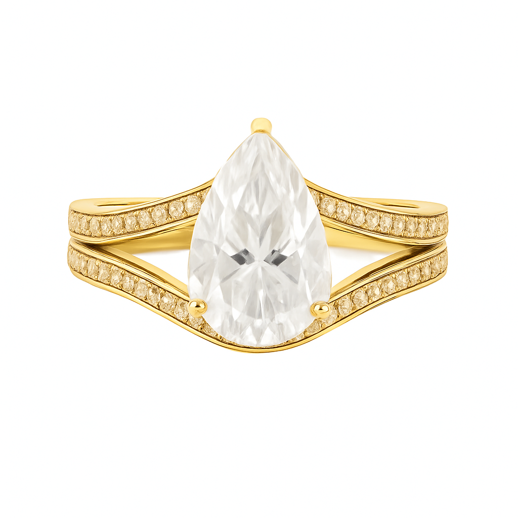 Gold ring with a large pear-shaped gemstone on a white background