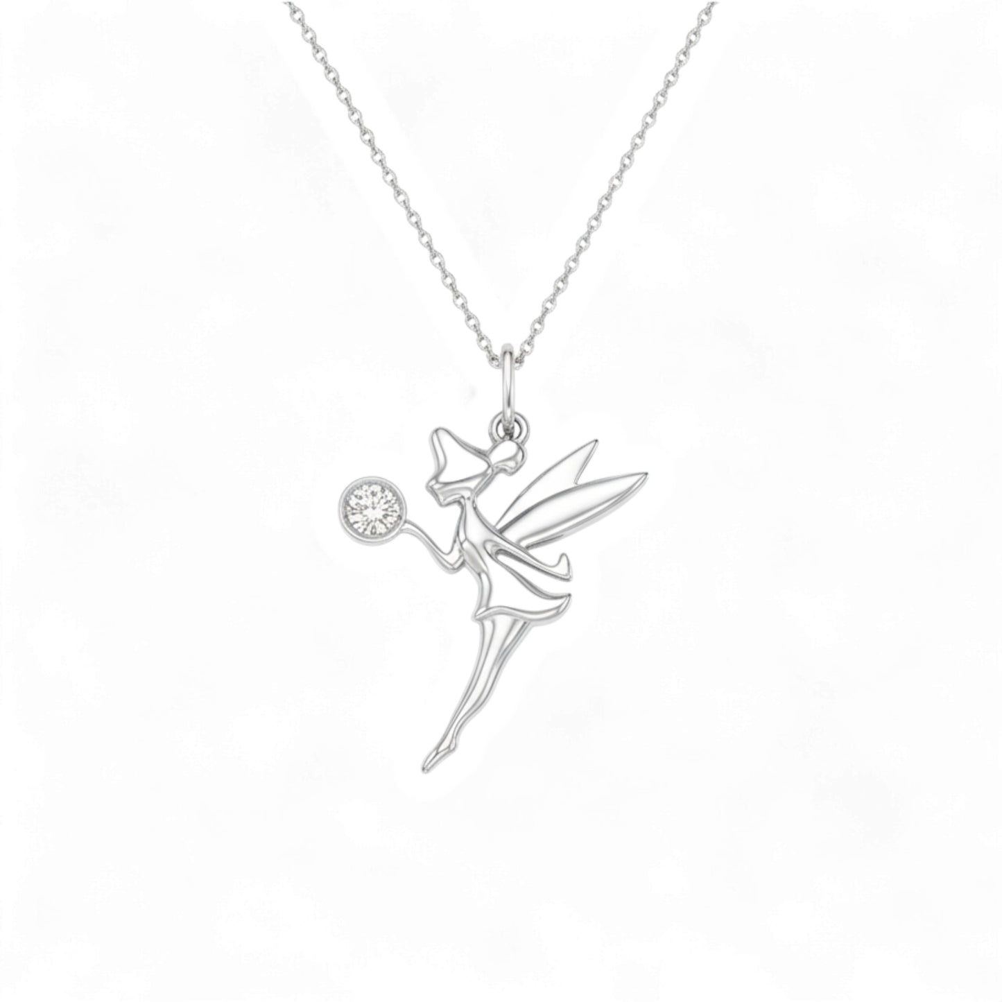 Silver fairy pendant necklace on a white background