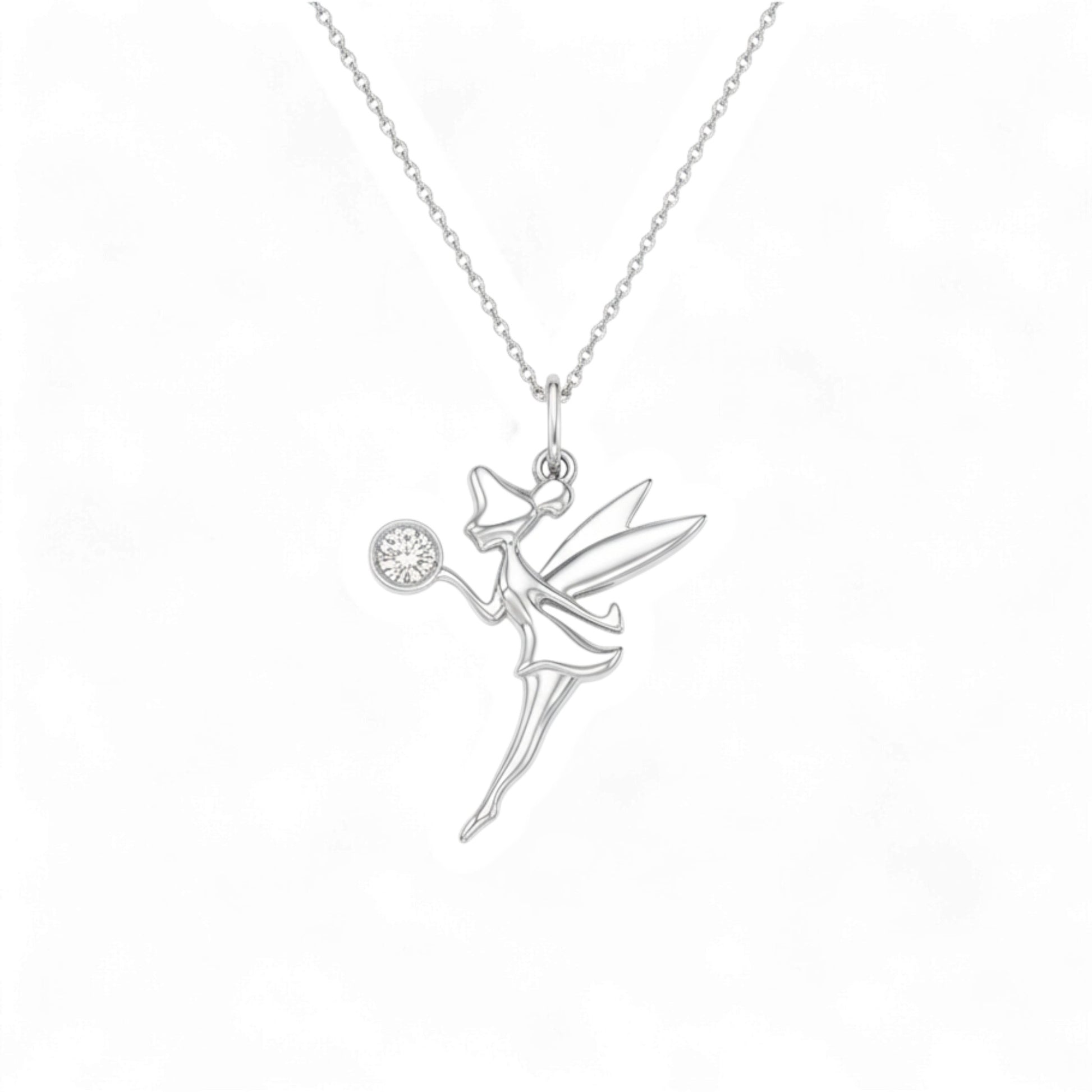 Silver fairy pendant necklace on a white background