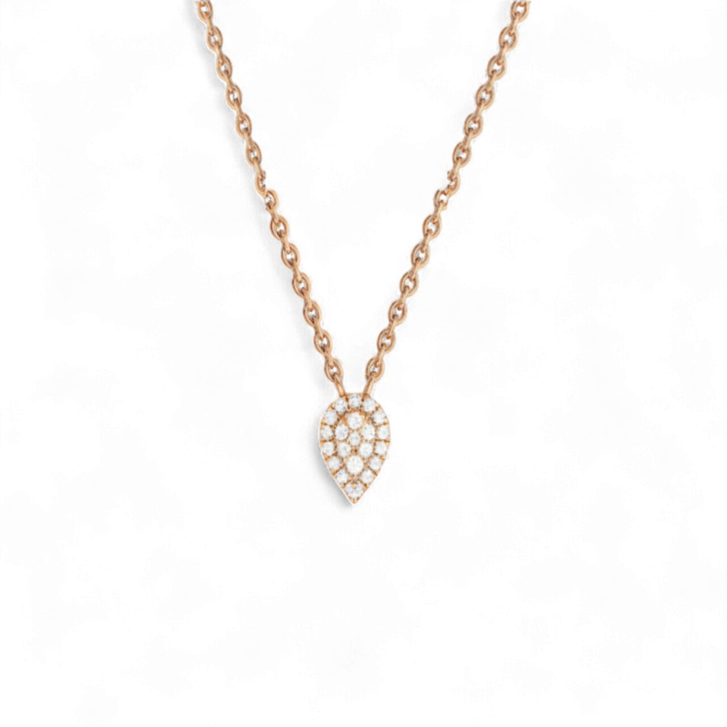 Rose gold necklace with a teardrop-shaped diamond pendant on a white background