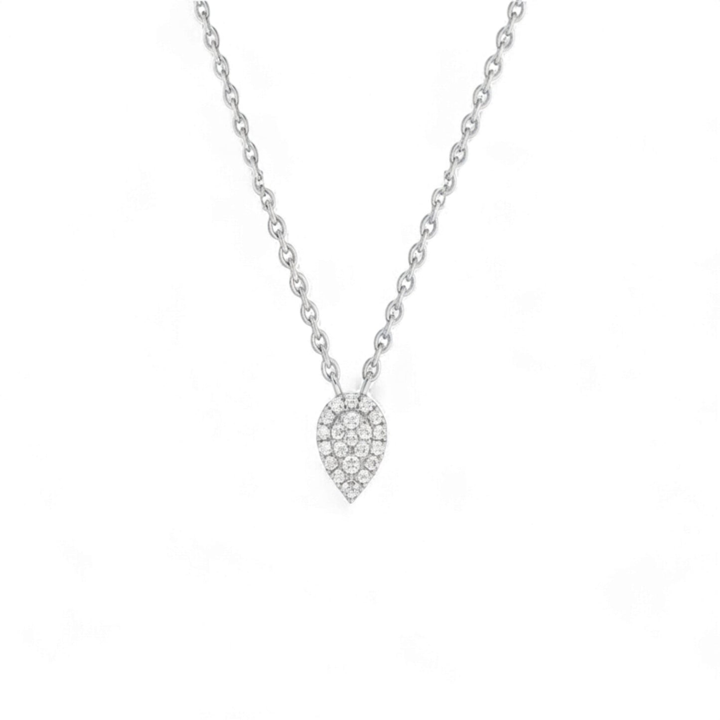 Silver necklace with a teardrop-shaped diamond pendant on a white background