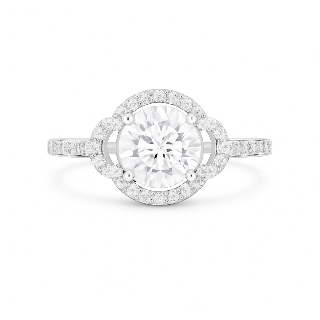 Diamond ring with a clear gemstone on a white background
