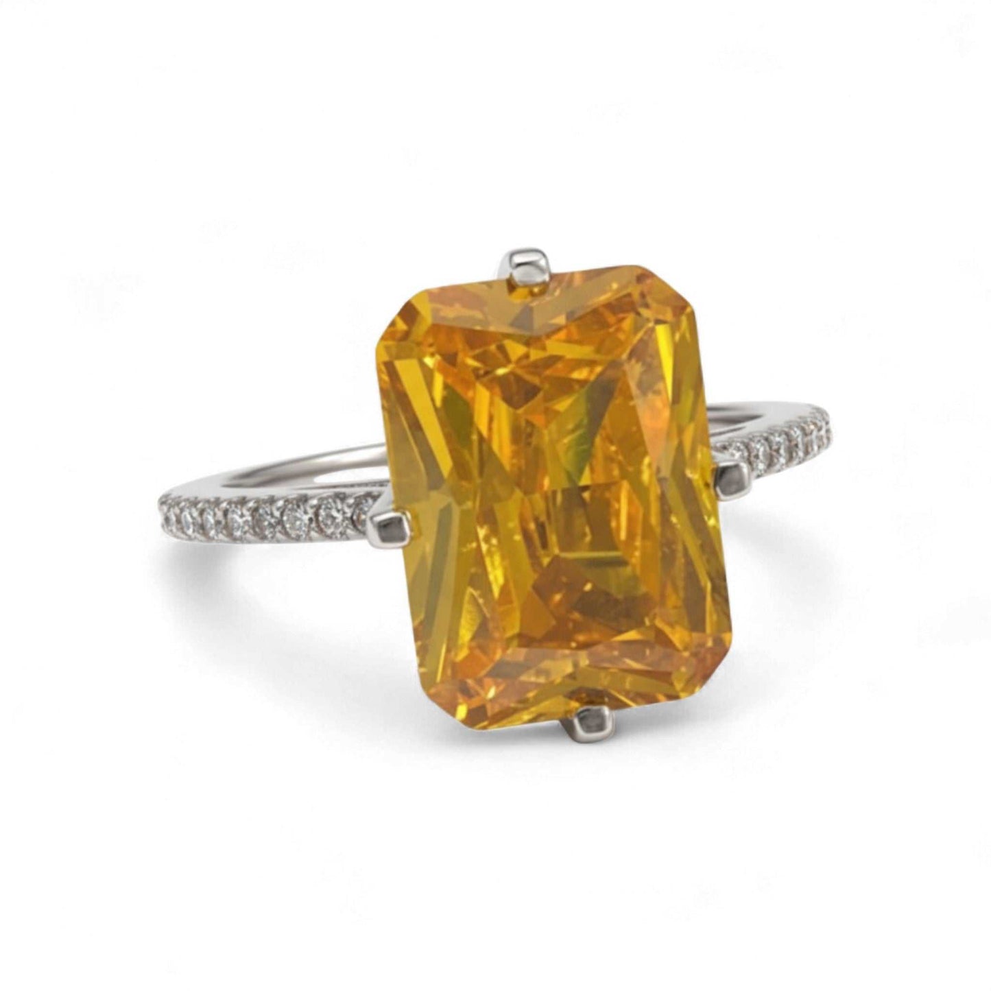 Yellow stone cushion cut CZ engagement ring in 925 sterling silver with pavé CZ band details