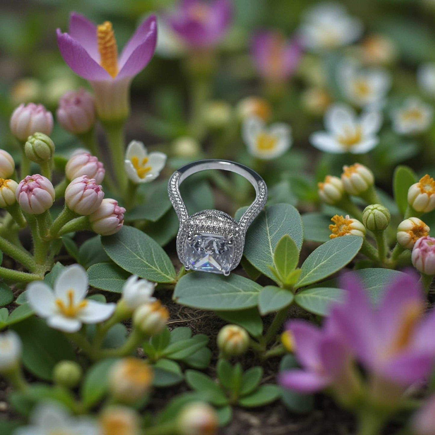 Zack Cushion Cut CZ Engagement Ring in 925 sterling silver with pavé cubic zirconia accents nestled among flowers