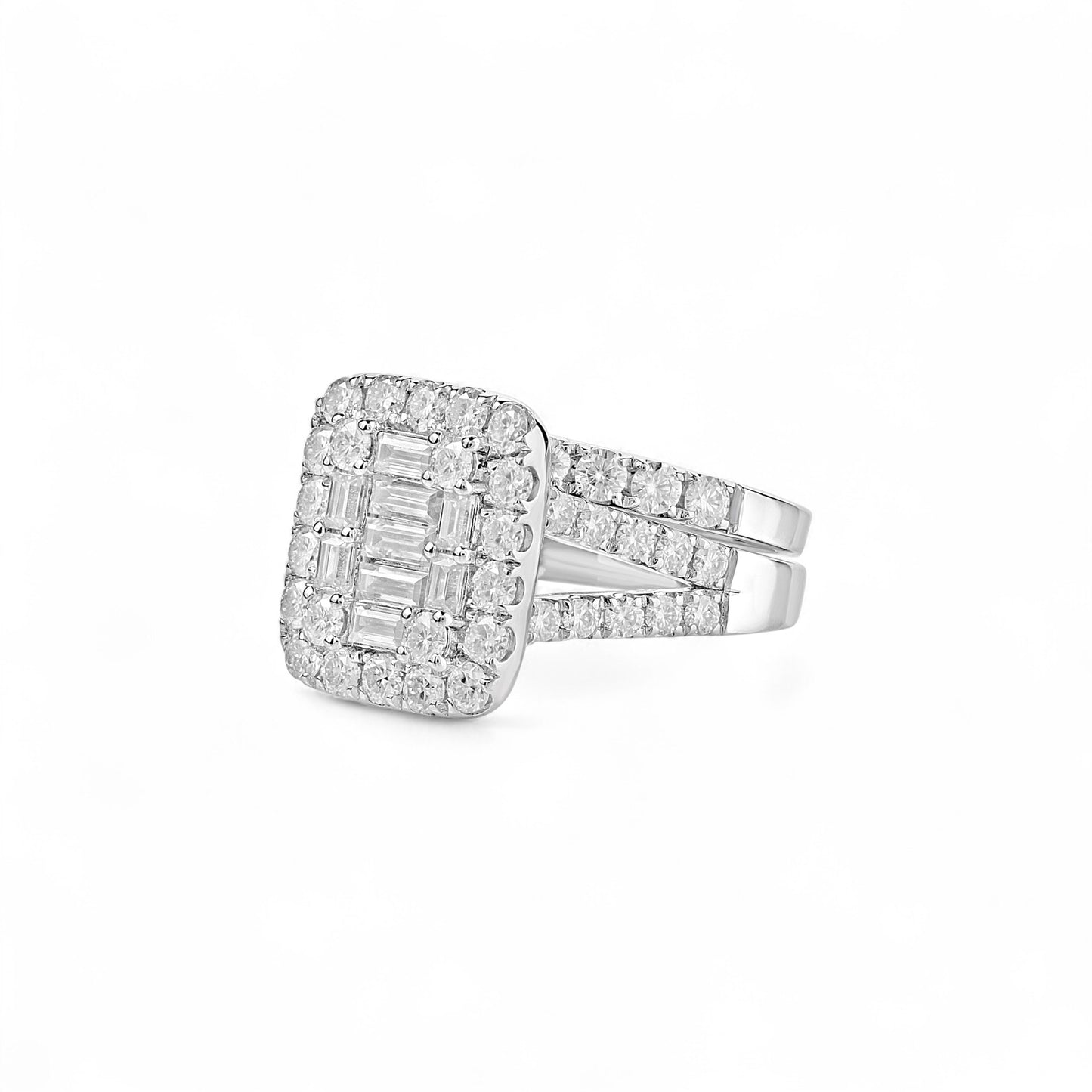 Diamond ring with emerald-cut center stone on a white background