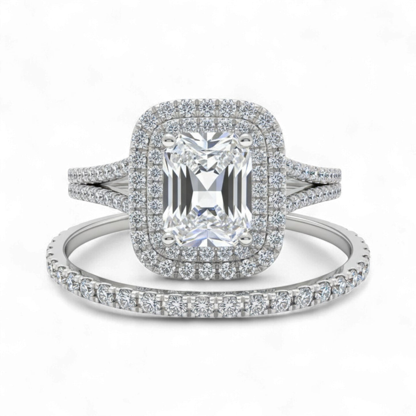 Diamond ring with a central gemstone and smaller diamonds on a white background