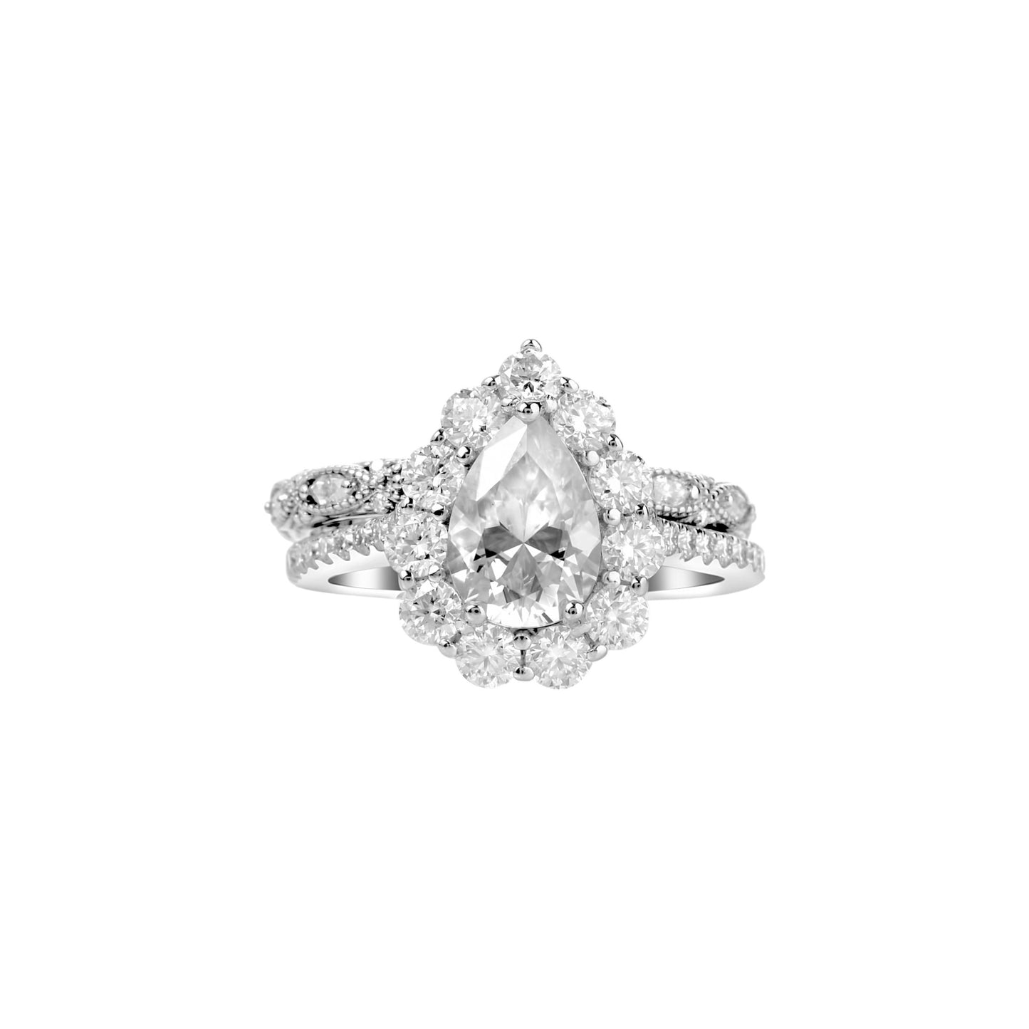 Diamond ring with a pear-shaped center stone on a white background
