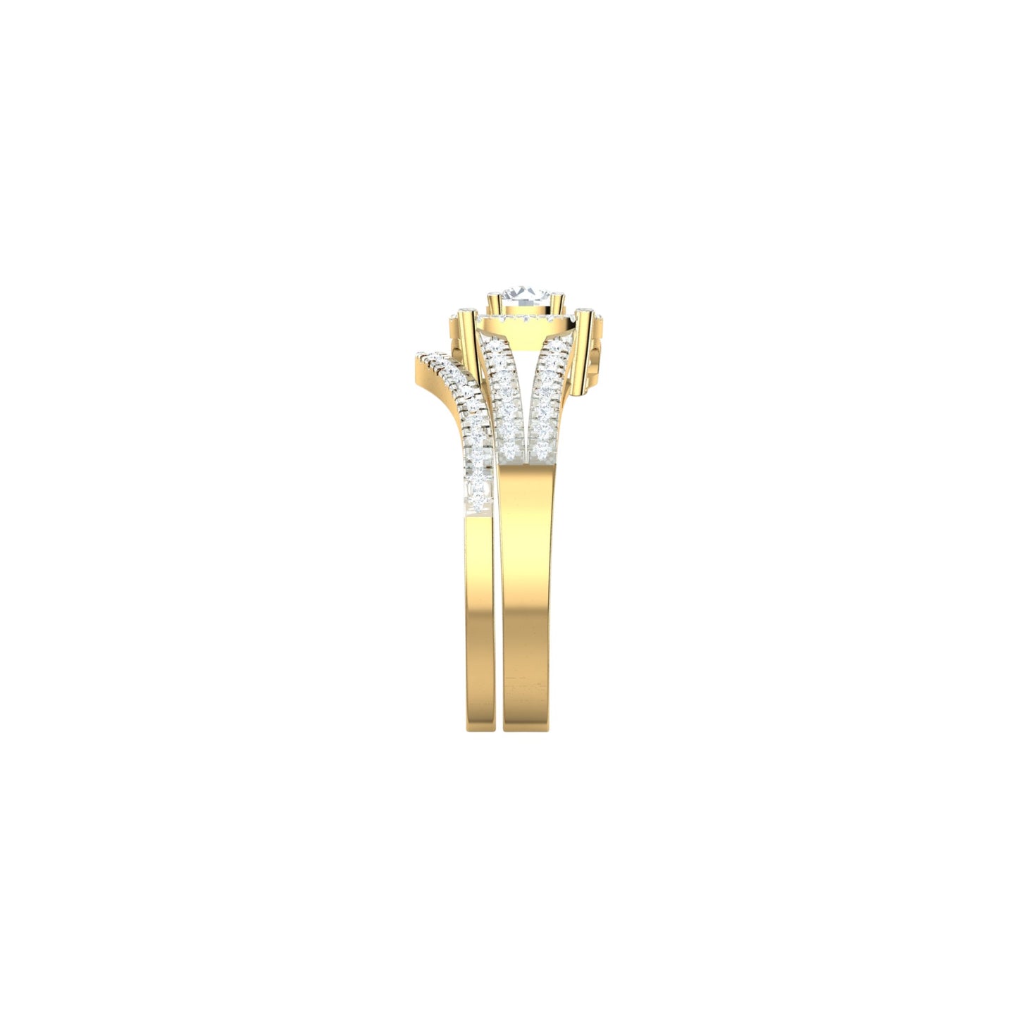 Gold ring with diamond accents on a white background
