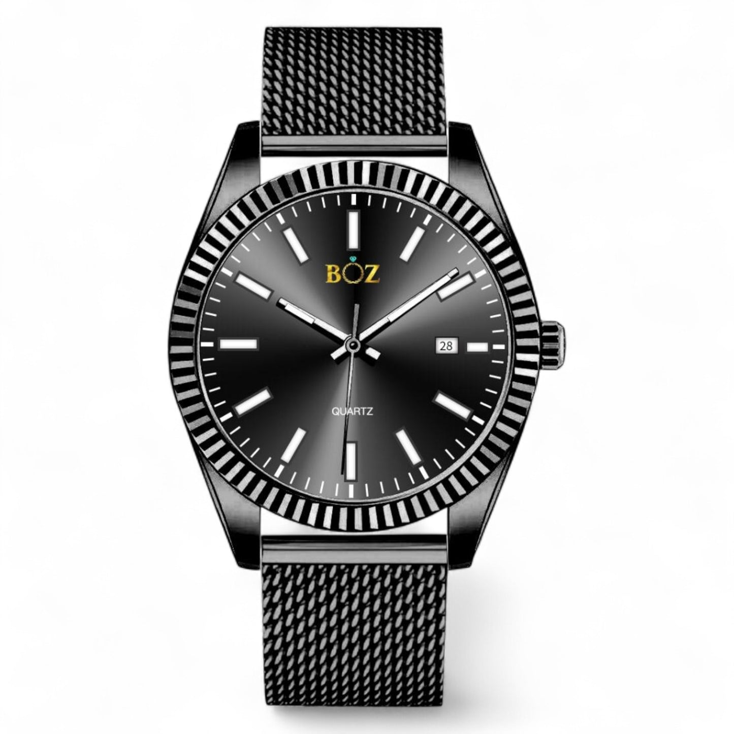 Black watch with mesh band on a white background