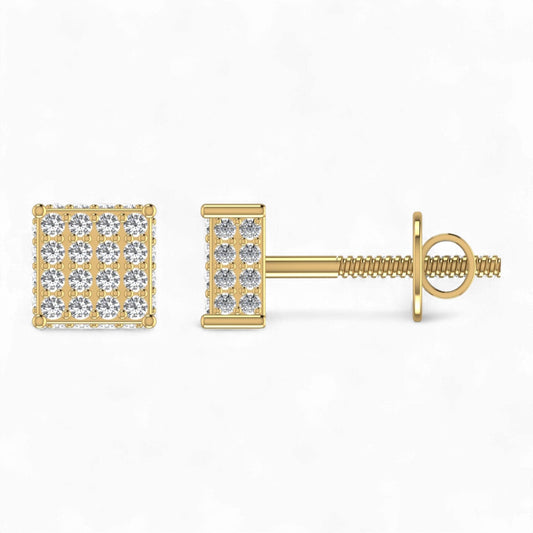 Gold square stud earrings with clear gemstones on a white background