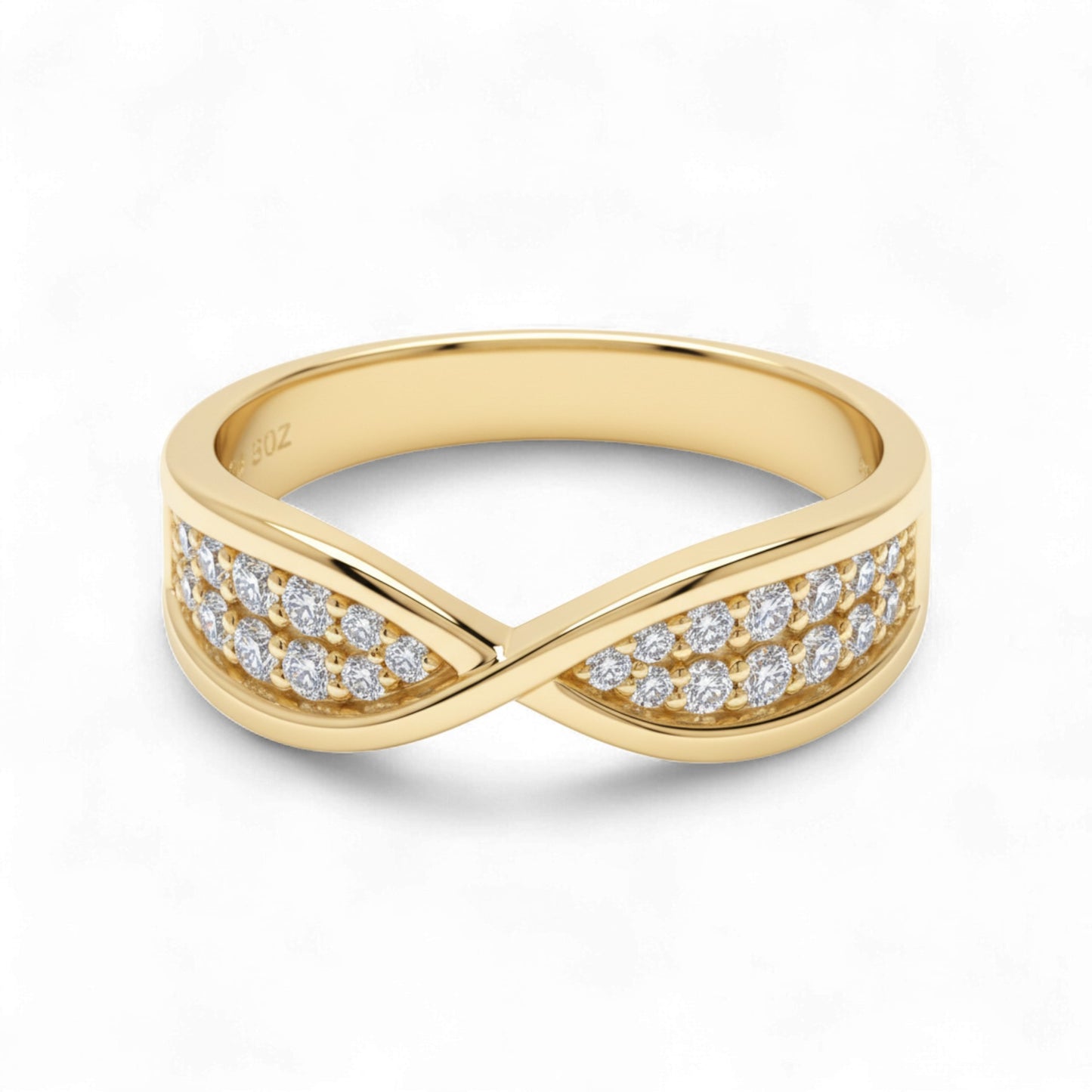 Gold ring with diamond accents on a white background