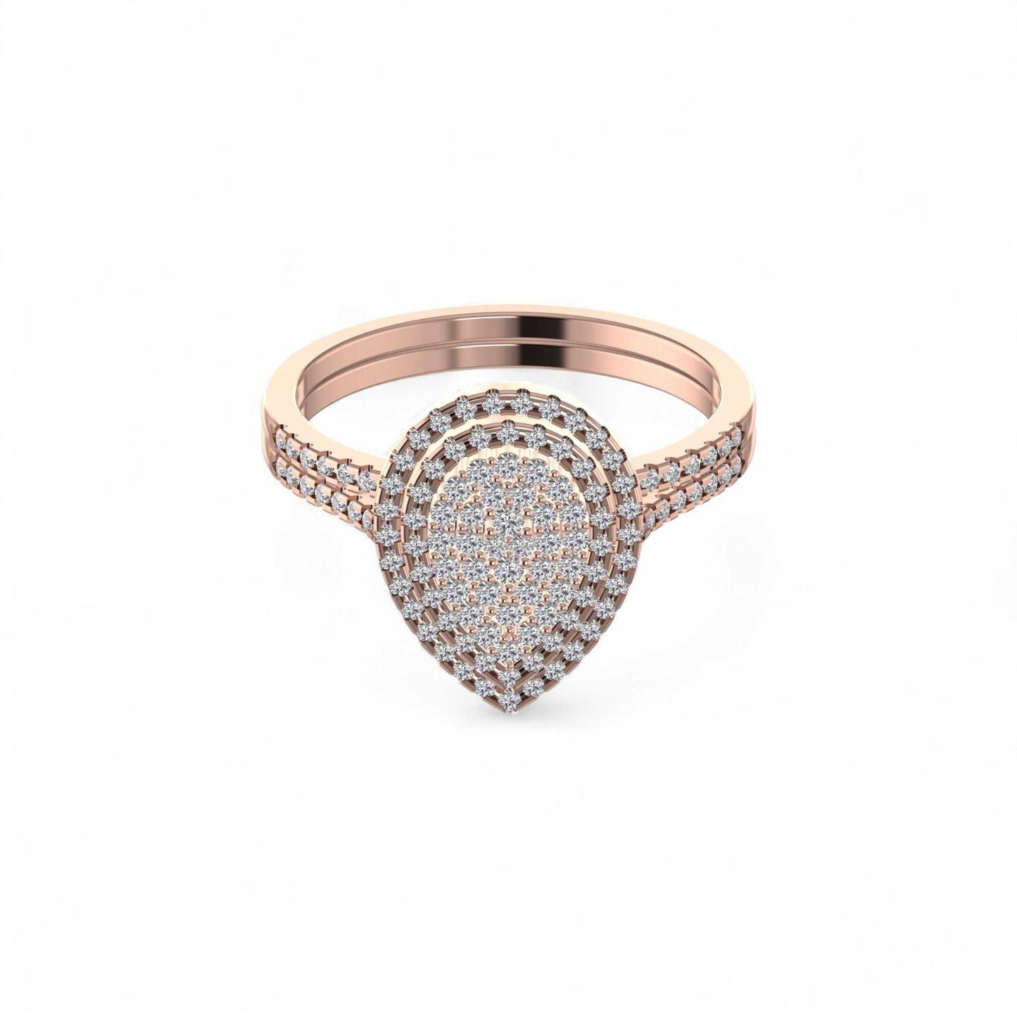 Rose gold ring with diamond accents on a white background