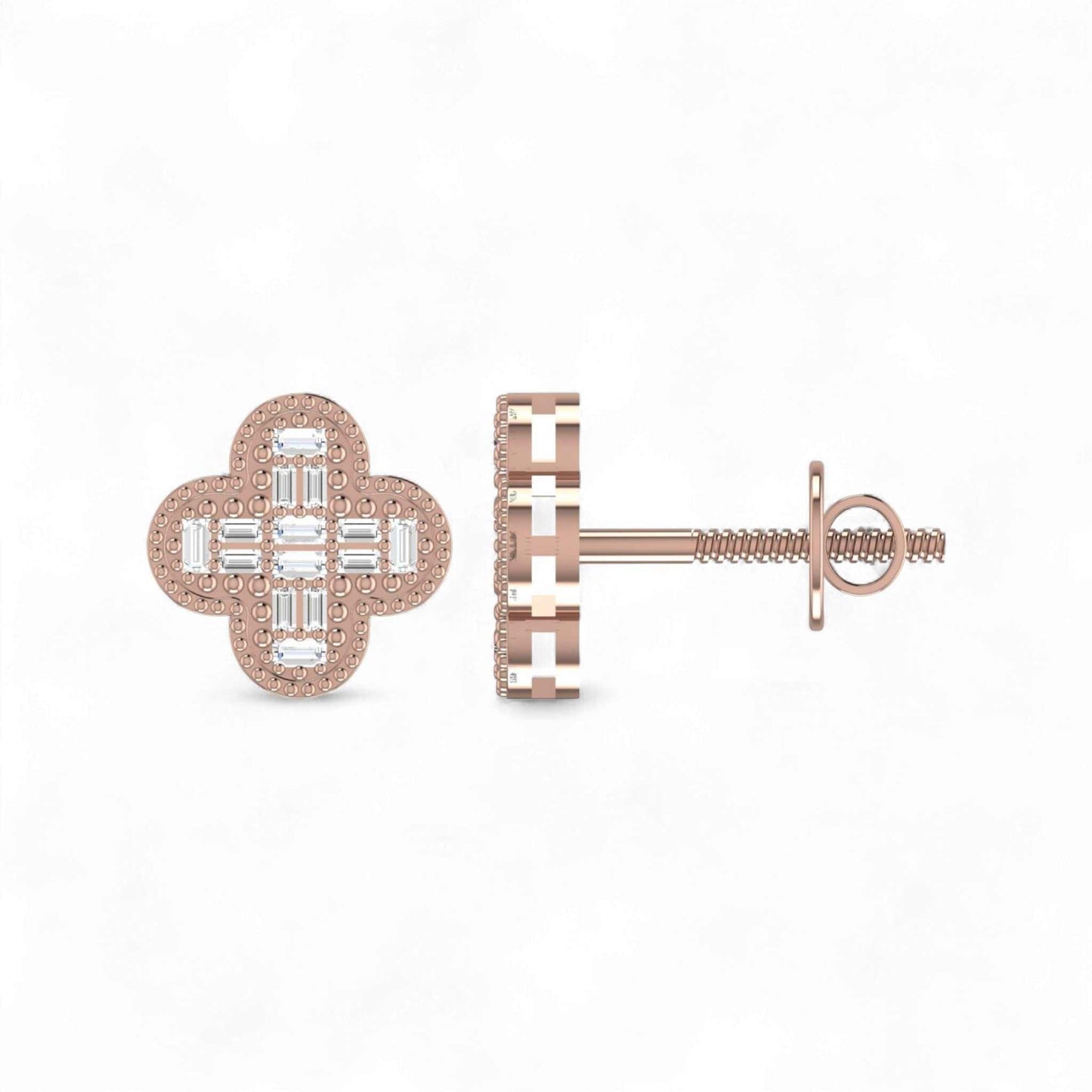 Rose gold earrings with diamond accents on a white background