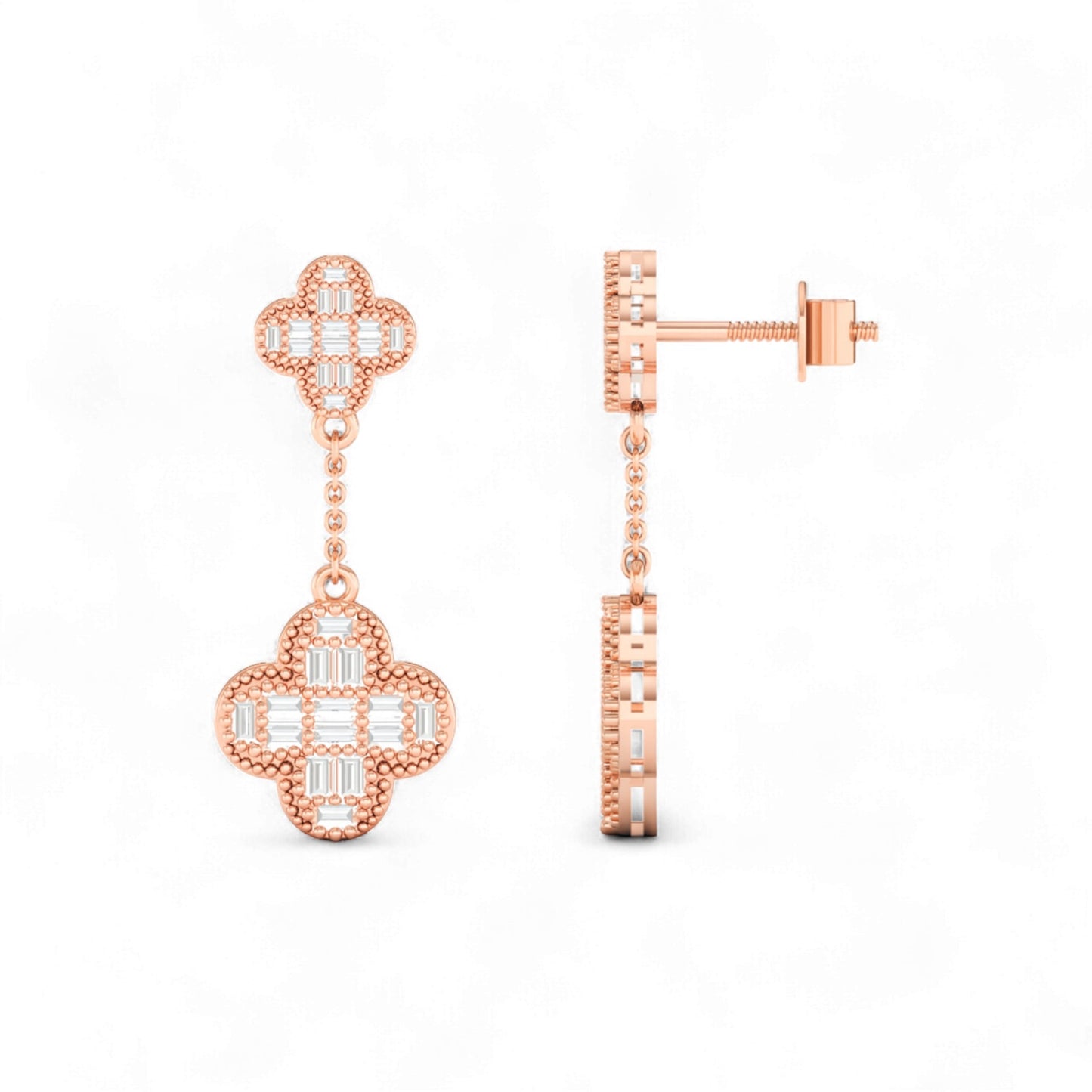 Baguette Clover Drop Diamond Earrings 18K Gold