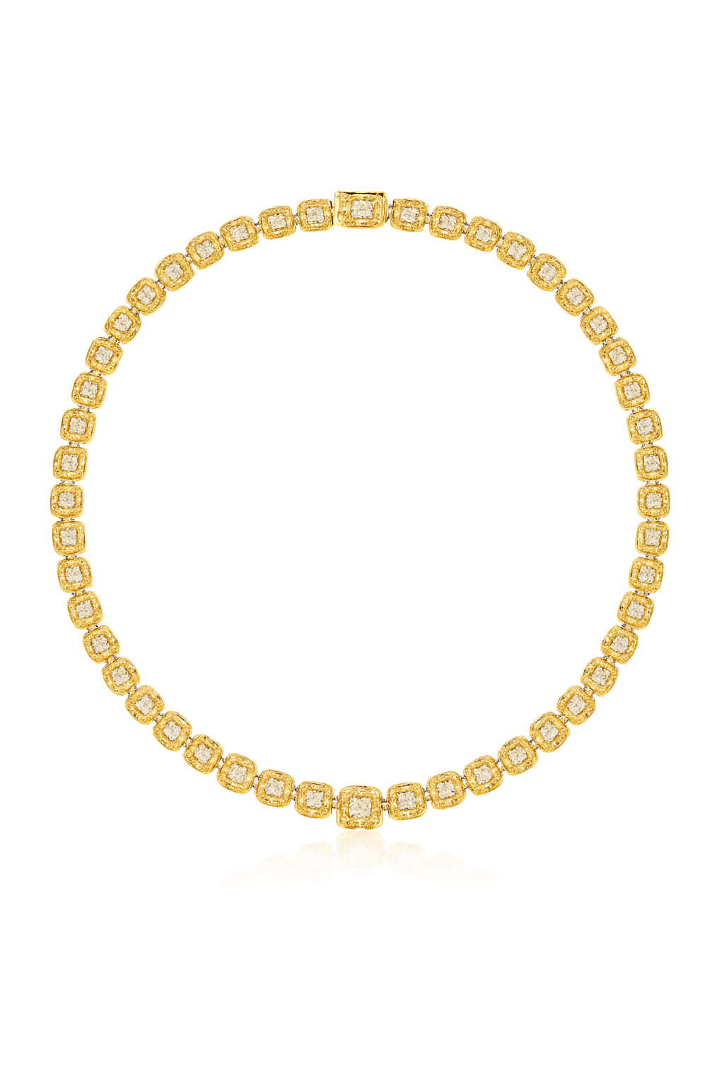 Gold necklace with square-cut gemstones on a white background