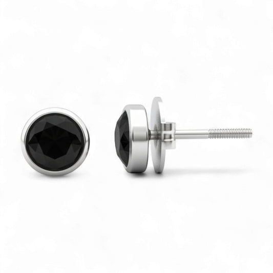 Black gemstone stud earrings on a white background