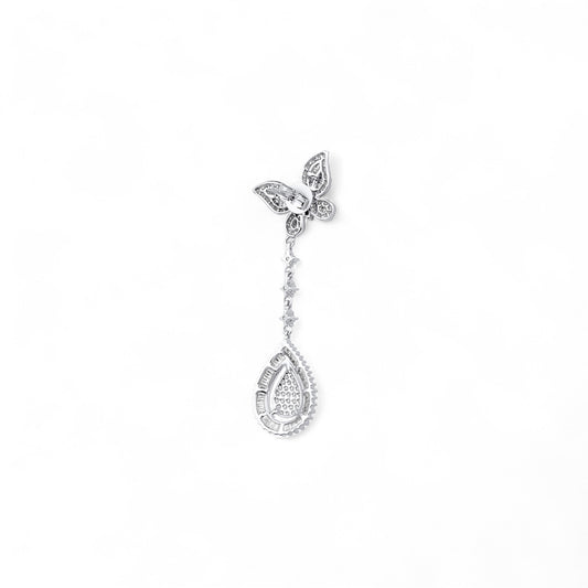 Silver teardrop earring on a white background