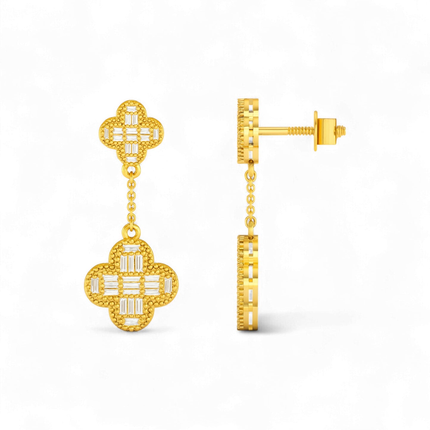 Baguette Clover Drop Diamond Earrings 18K Gold