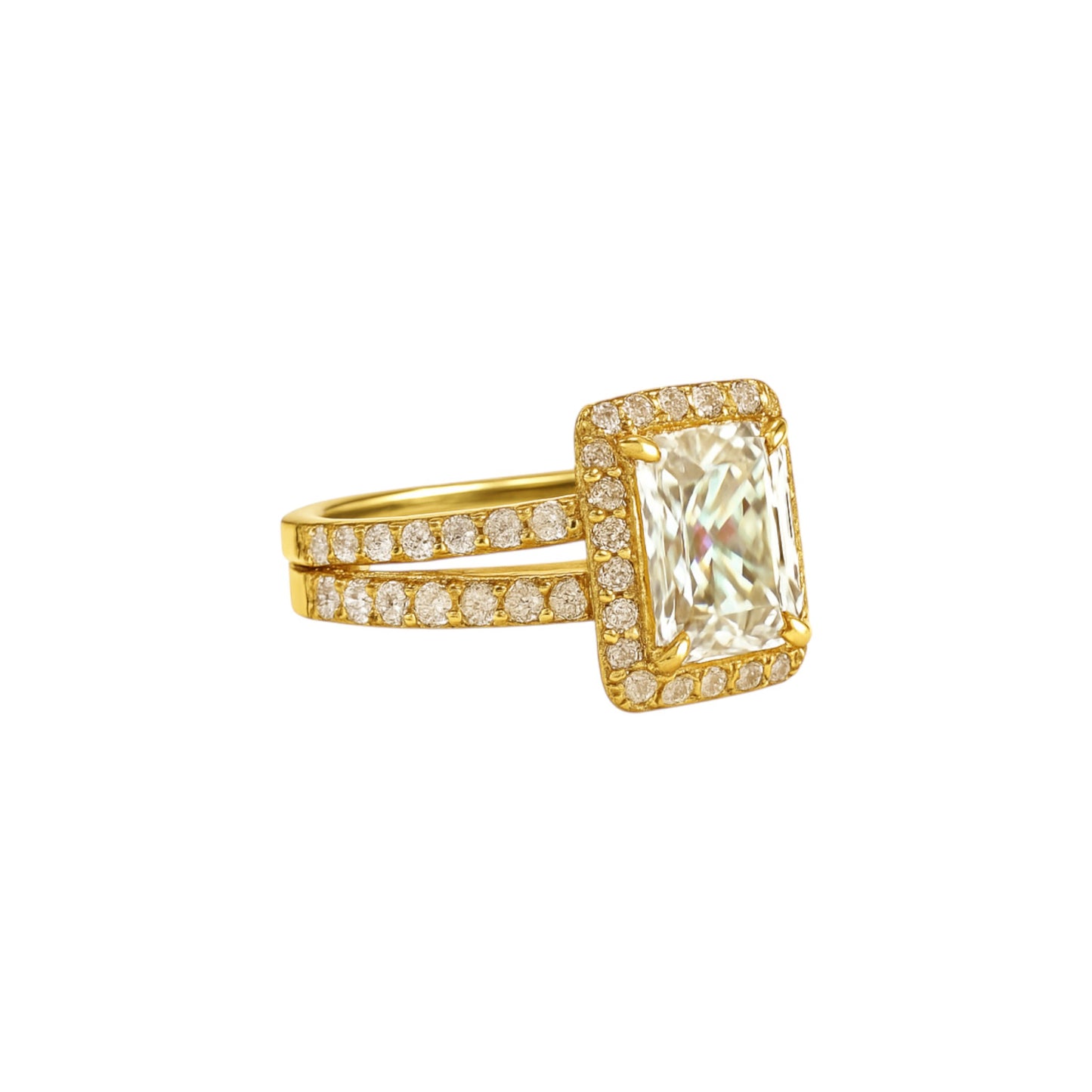 Zia Radiant Cut Moissanite and Natural Diamonds Bride Set in 18K Gold