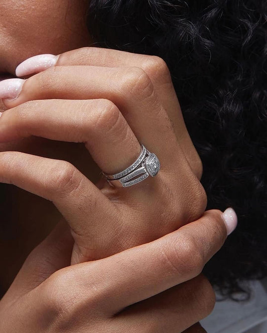 Cherry Cushion Cut Natural Diamond Cluster Bride Set in 18K Gold