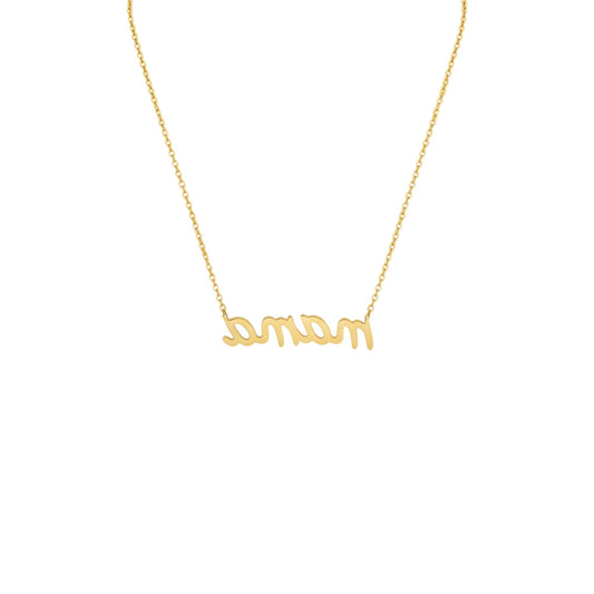 Gold necklace with 'mom' pendant on a white background