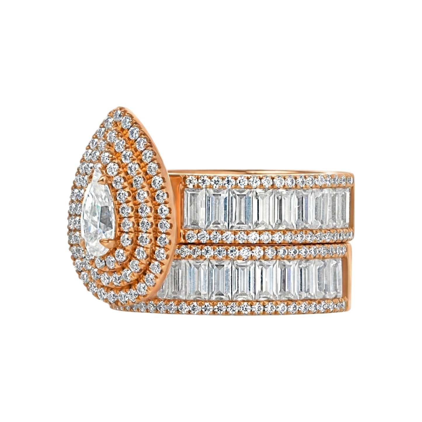 Rose gold ring with diamond accents on a white background