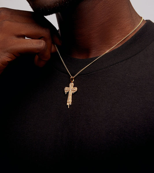 Drip Cross Natural Diamond Pendant Necklace in 18K Gold
