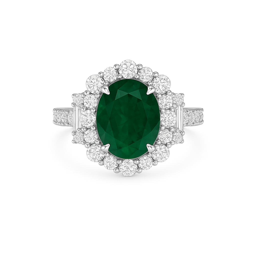 Ring with a green gemstone and diamond accents on a white background