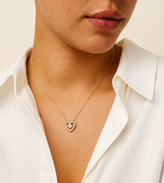 Close-up of a person wearing a gold necklace with a heart pendant on a neutral background