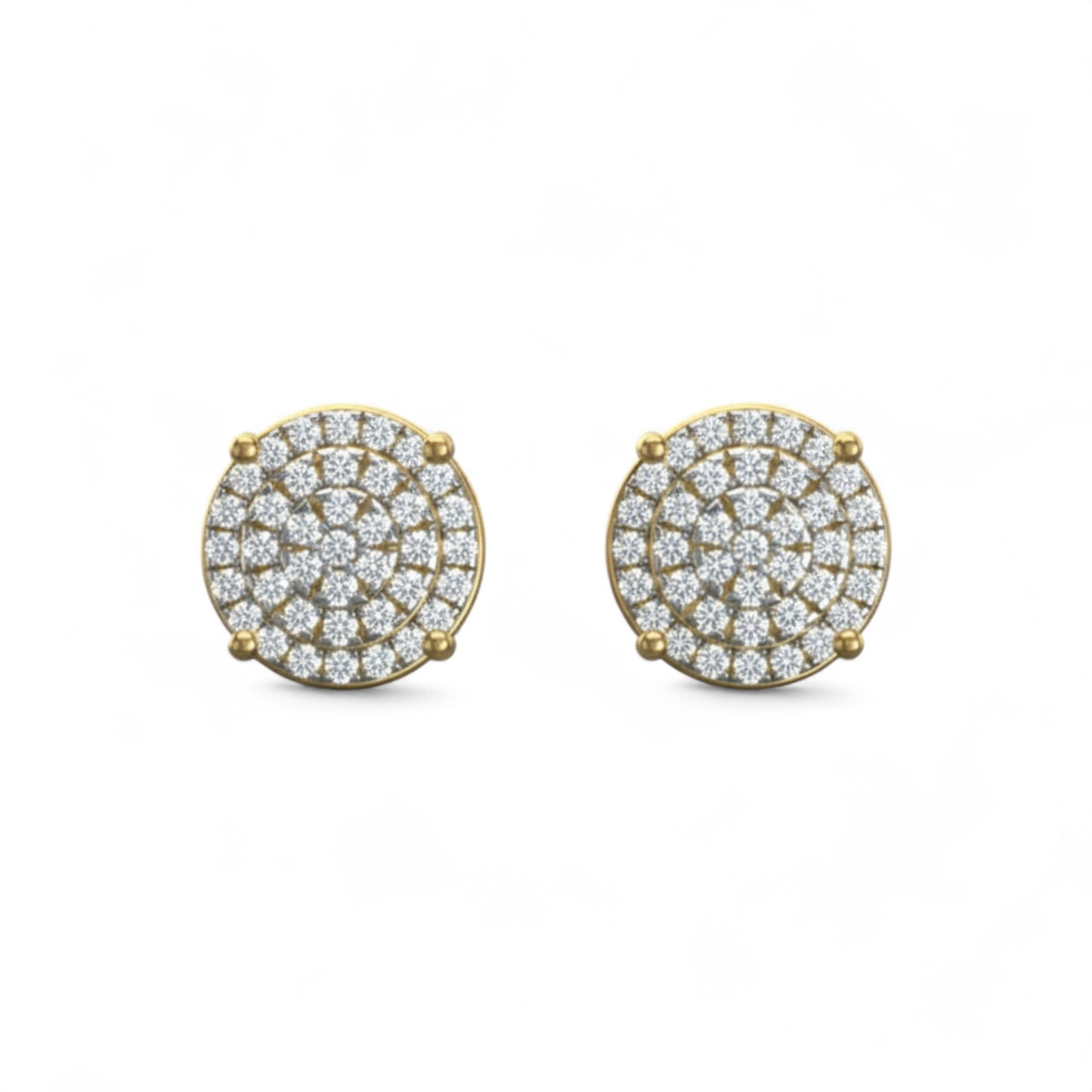 Pair of gold earrings with diamond studs on a white background