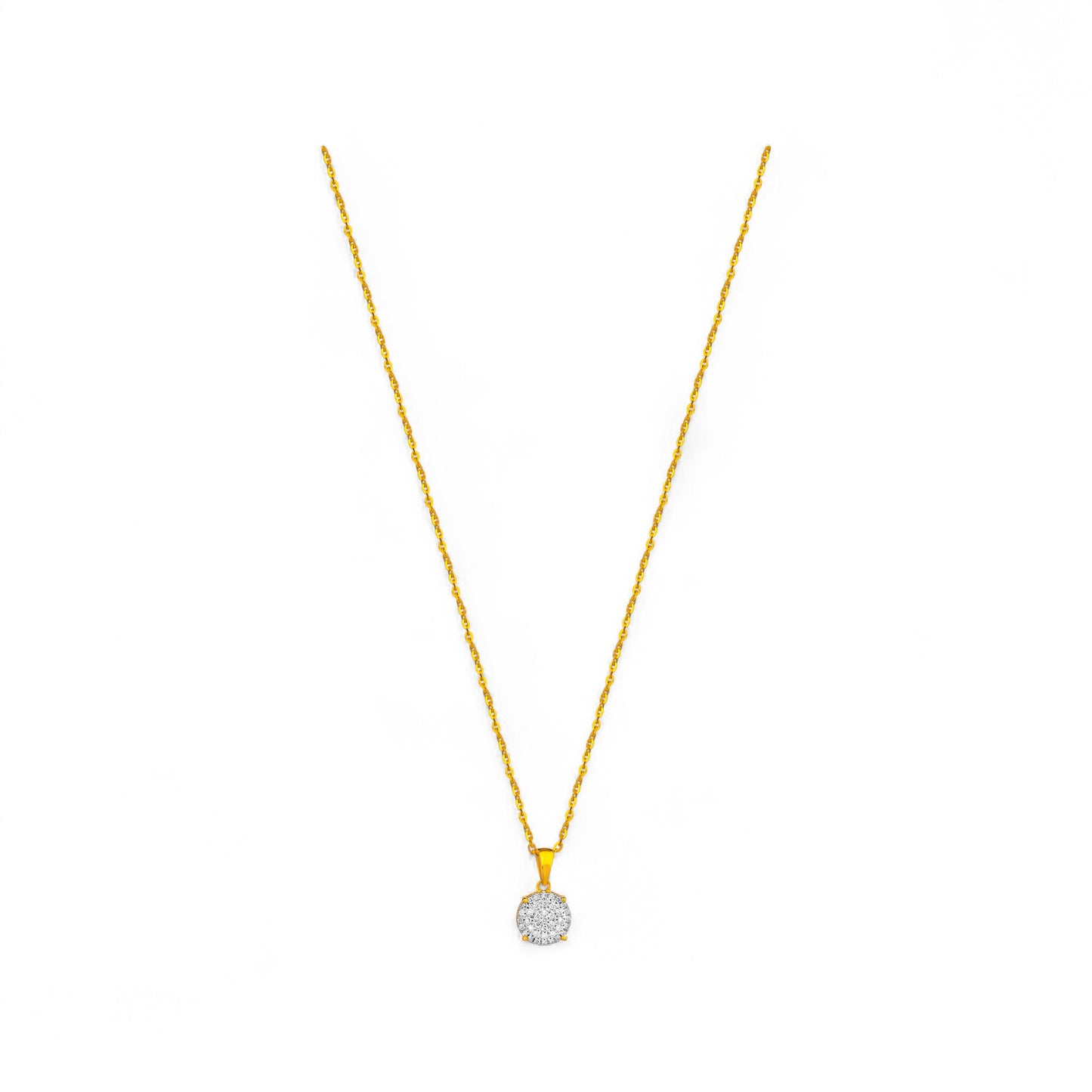 Gold necklace with a round pendant on a white background