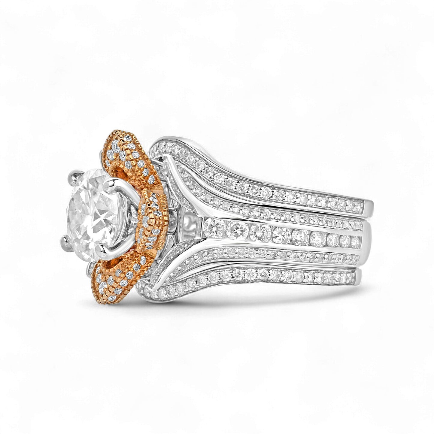 Two-tone diamond ring with gold and silver bands on a white background