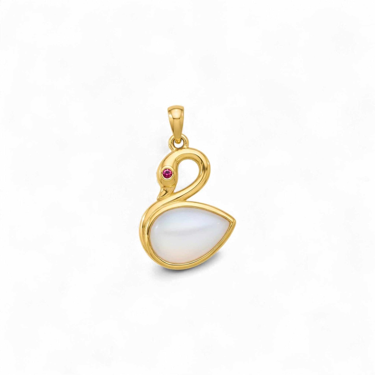 Swan Head Pearl Pendant in 18KT gold with natural pearl and red gemstone eye