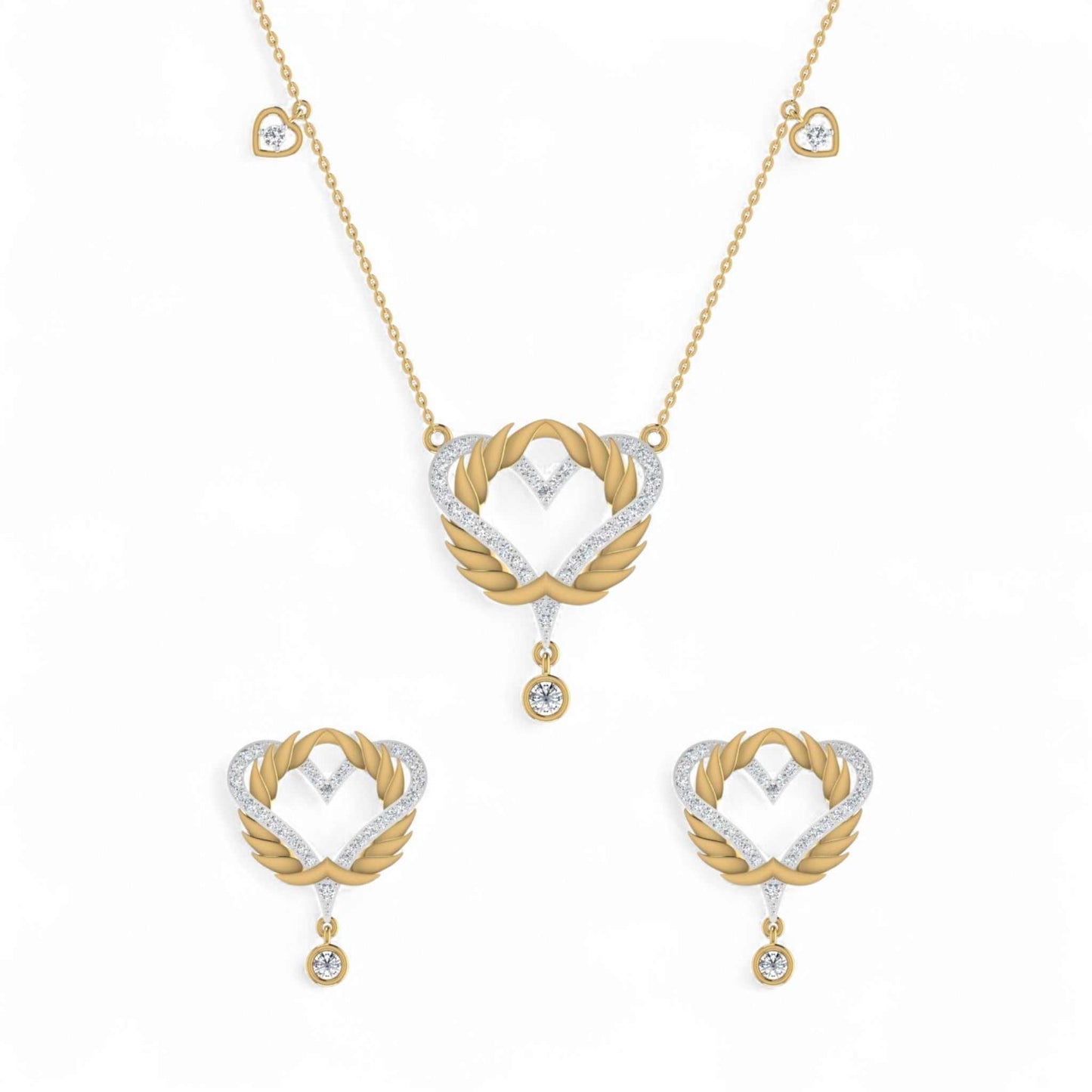 Gold and silver heart-shaped necklace and earrings on a white background