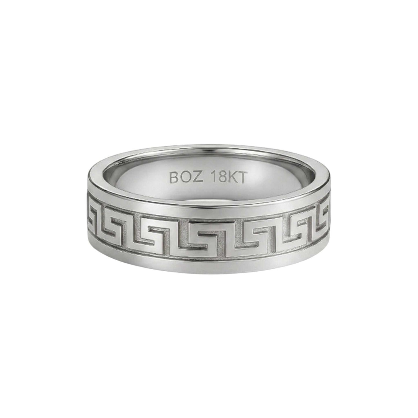 Silver ring with intricate design and 'BOZ 18KT' engraving on a white background
