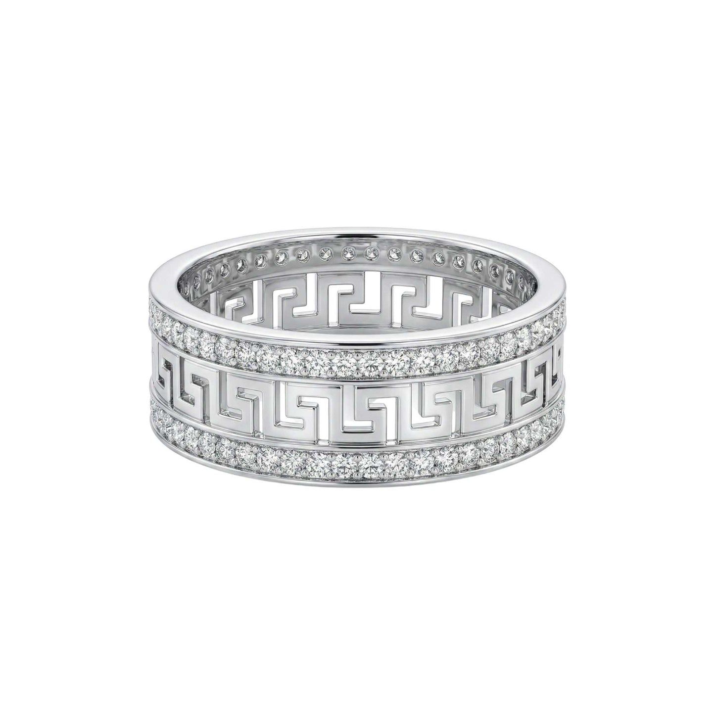 Silver ring with geometric design on a white background