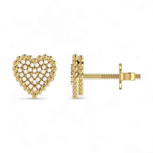 Gold heart-shaped stud earrings on a white background