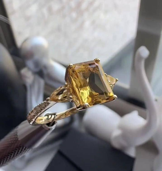 Natural Yellow Morganite & Moissanite Trinity Engagement Ring in 14K Gold