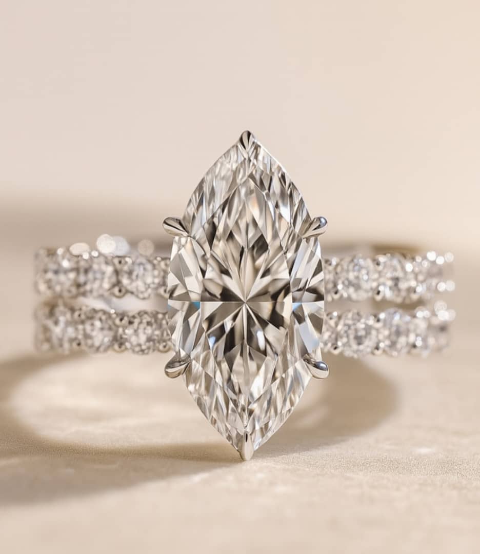 Marquee Cut Moissanite Bride Set in 18K Gold