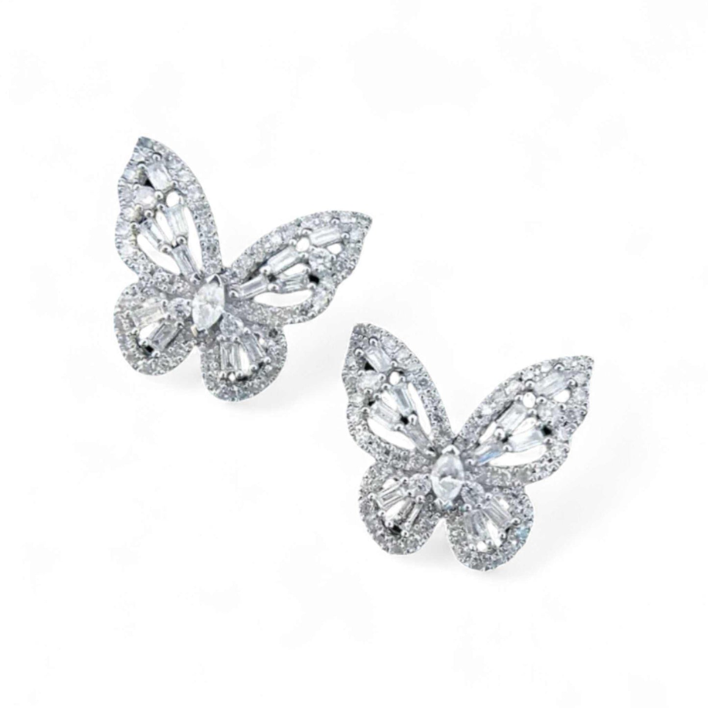 Butterfly-shaped earrings with gemstones on a white background