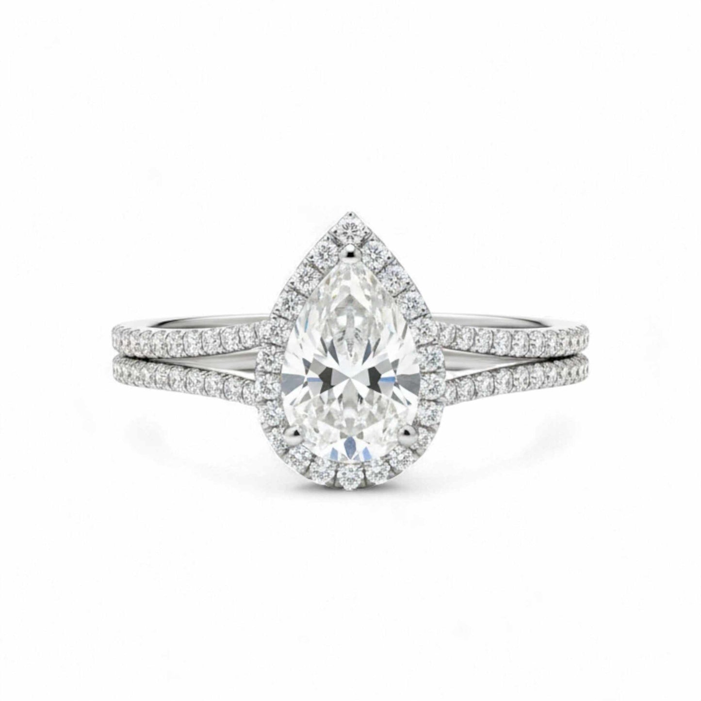 Leona Pear Cut CZ sterling silver engagement ring with pear-shaped cubic zirconia and double pavé band