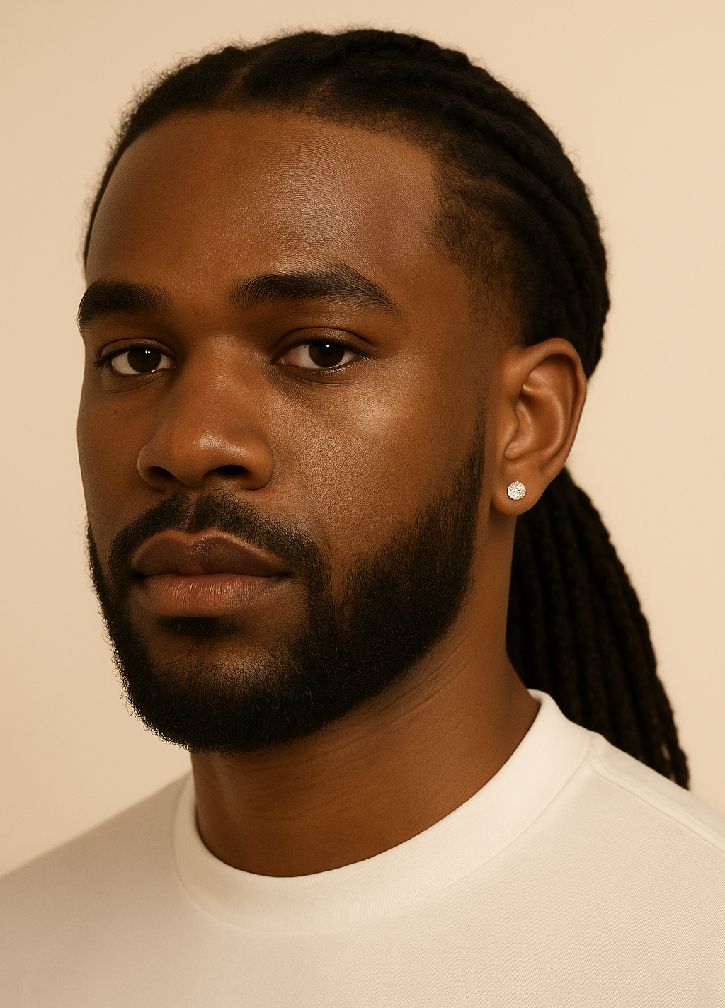 Man with braided hair wearing a white shirt against a beige background