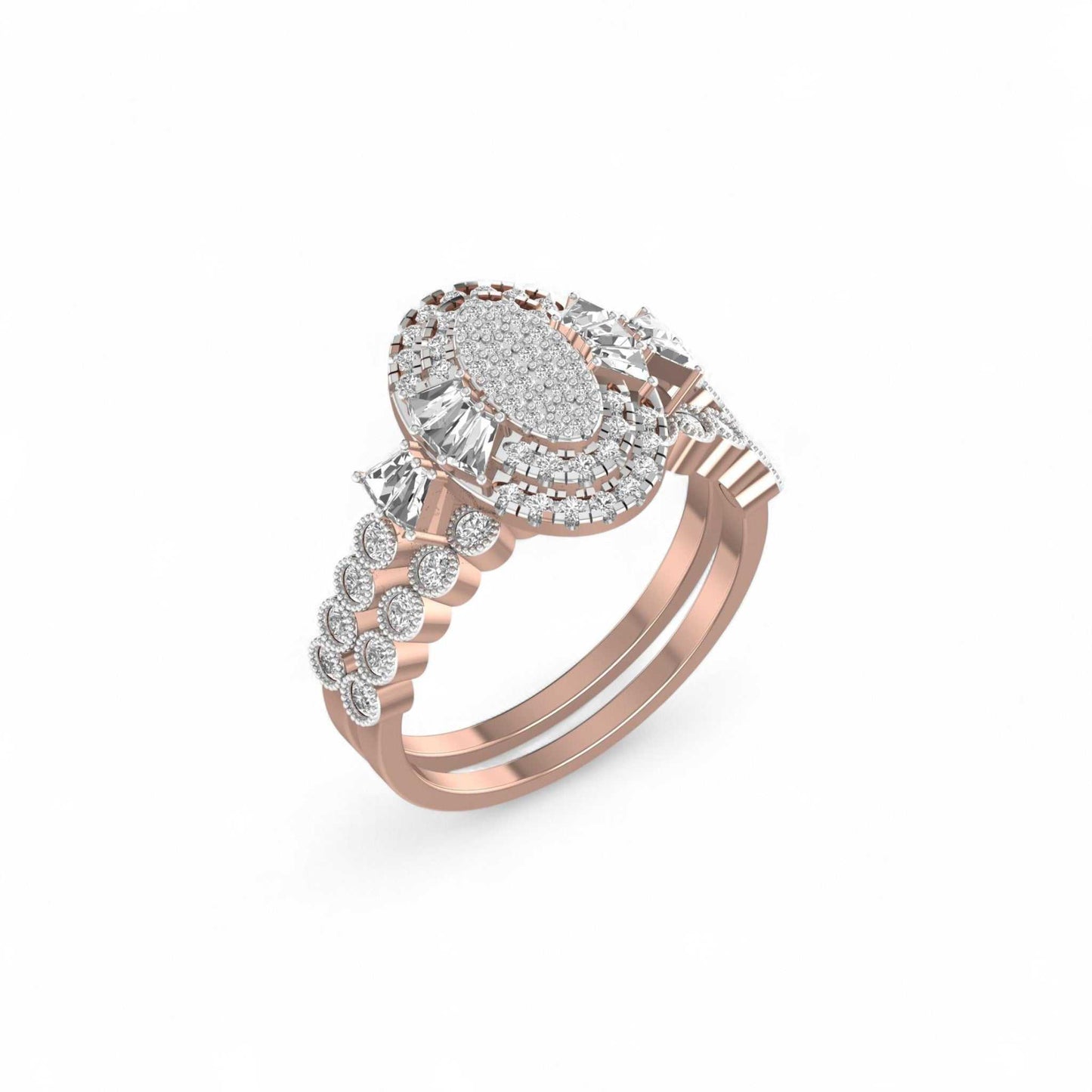 Rose gold ring with diamond accents on a white background