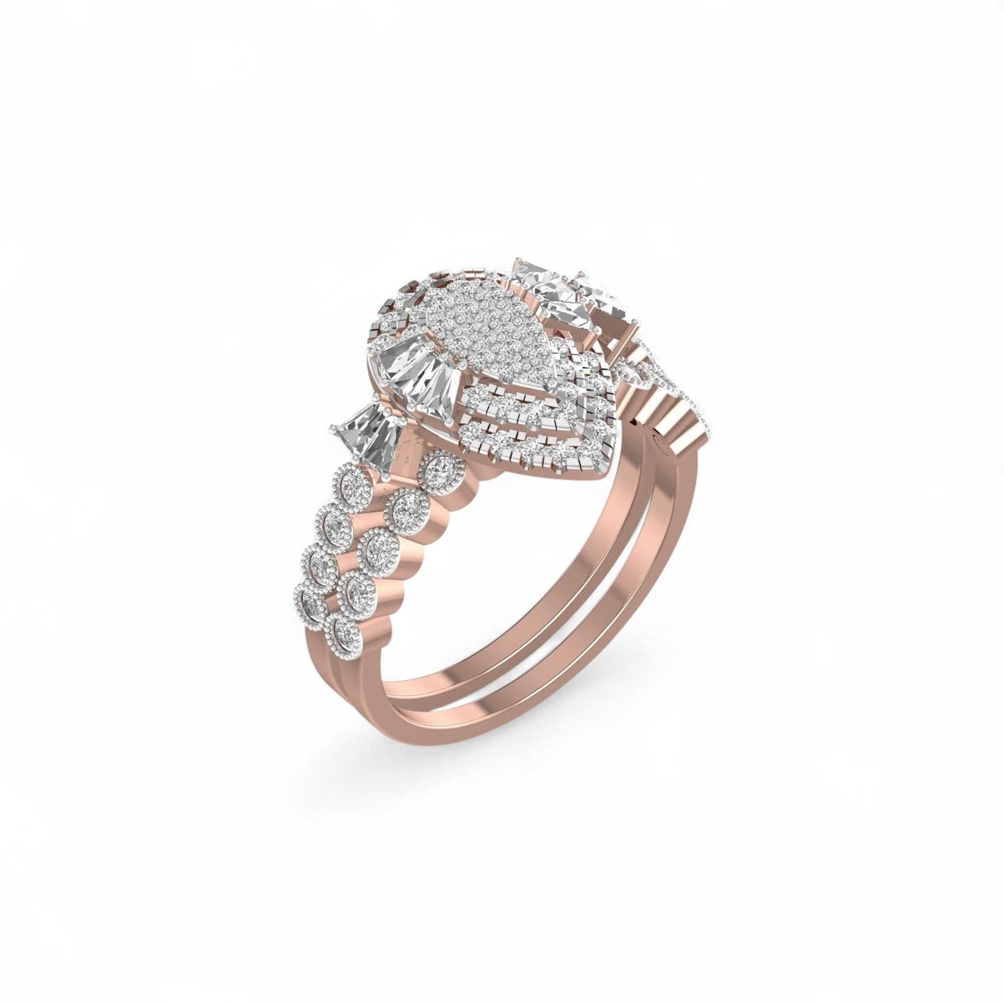 Rose gold ring with diamond accents on a white background