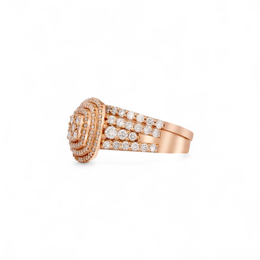 Rose gold ring with diamond accents on a white background