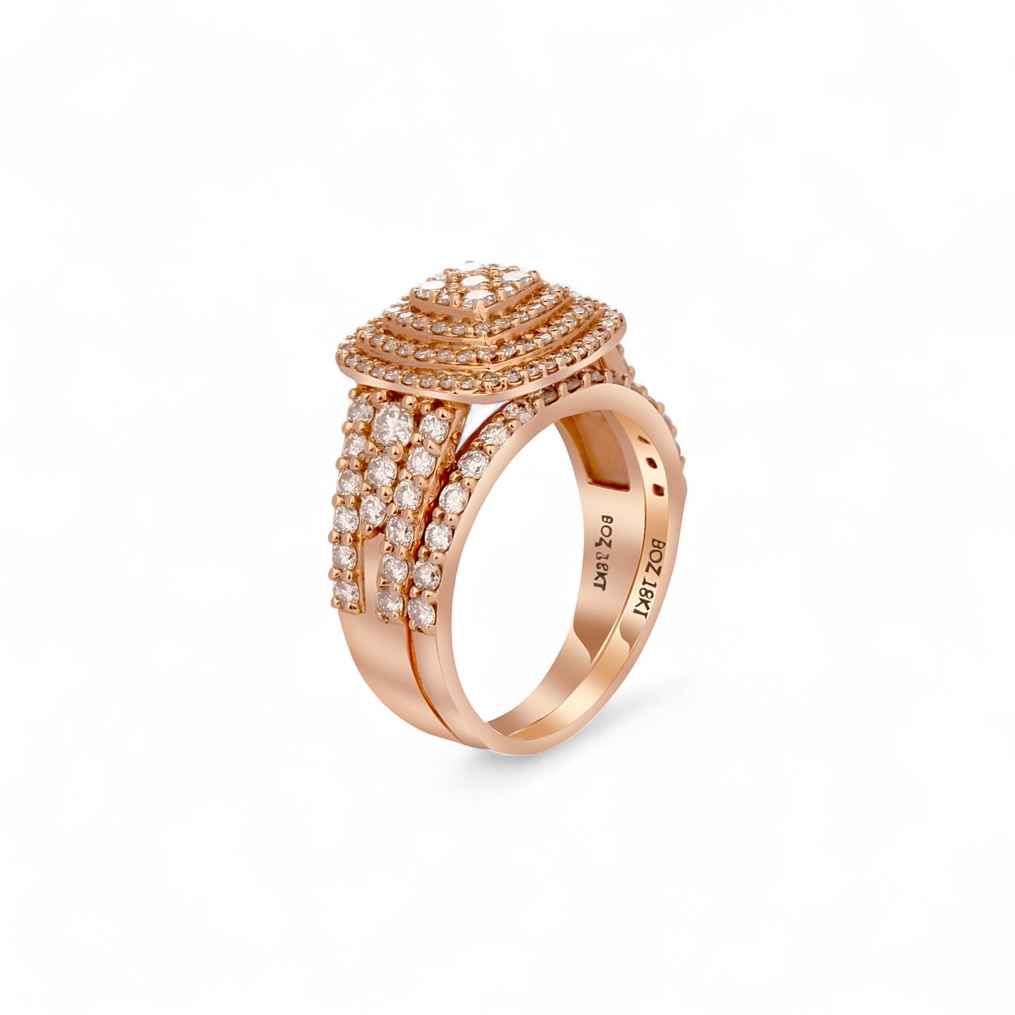 Rose gold ring with diamond accents on a white background